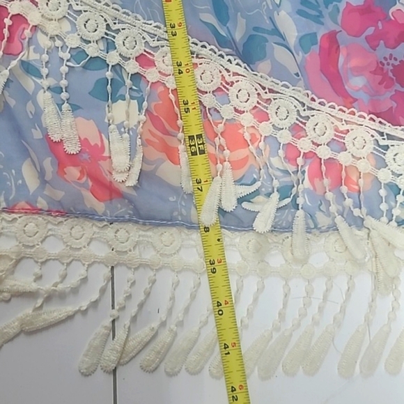 Kimono Wrap Floral Lace Trim  Pastel Blue Pink Roses Romantic Lightweight Sheer - Picture 6 of 8